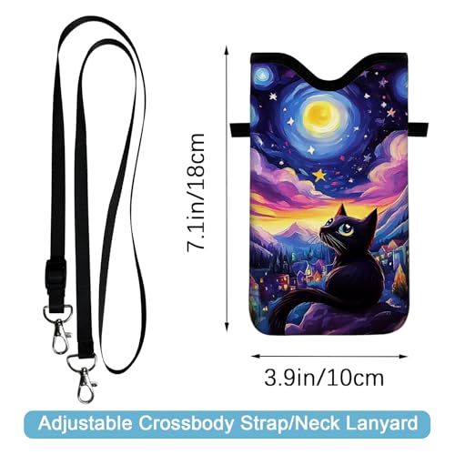 Image of Neoprene Cell Phone Sleeve Pouch Case Bag with Crossbody Strap Neck Lanyard for Women 7.1 X 3.9 in Sky Cat