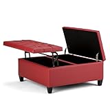 SIMPLIHOME Harrison 36 inch Wide Transitional Square Coffee Table Storage Ottoman in Crimson Red Vegan Faux Leather, Assembled, For the Living Room and Bedroom