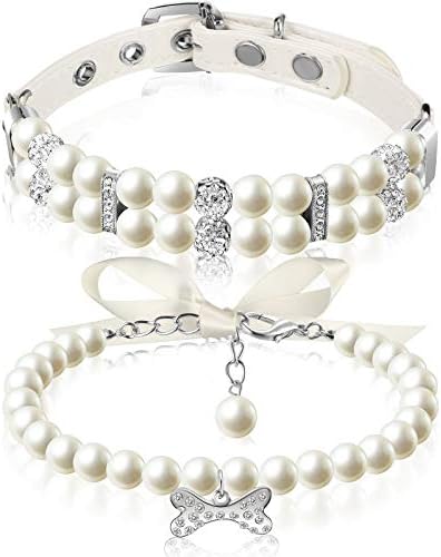 Hicarer 2 Pieces Small Dog Cat Pearl Collars and PET Pearl Necklace Set Cute Fashion PET Pu Leather Collars Necklace with Crystal Rhinestone for Dogs Cats Puppy Kitten Wedding Birthday Party (M)