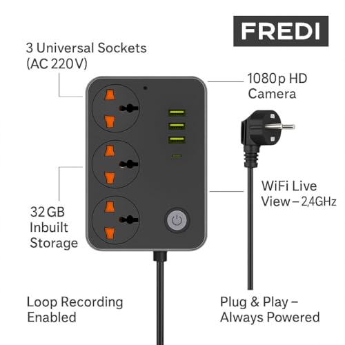 Image of FREDI HD PLUS WiFi Extension Board Camera 1080P | 32GB Inbuilt Storage | Live View on Mobile & Laptop | 24x7 Plug-in Recording | Power Strip Camera | Loop Recording | Indoor Home & Office Monitoring
