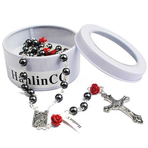 Hedi 6Mm Hematite Beads With 8Mm Coral Rose Glory Beads Catholic Rosary Pack Metal Gift Box #TOP4