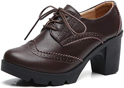 DADAWEN Women's Leather Classic Lace Up Platform Chunky Mid-Heel Square Toe Oxfords Dress Pump Shoes Brown US Size 5
