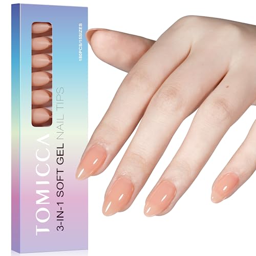 Tomicca Short Almond Nail Tips, Soft Gel Acrylic Press On Nails With 3 In 1 X Coat Nails, Color Nail Tips Full Cover And Preformed Full Base Coat For Beginners - 180Pcs Light Nude #TOP18