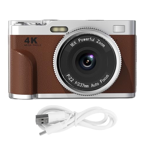 Fockety Fotocamera Digitale 4K, Autofocus da 48 MP 16x Zoom da 2,8 Pollici Screen Telecamera Viaggio Compatta con Scheda, Fotografie Video Vlogging Principianti (BROWN)
