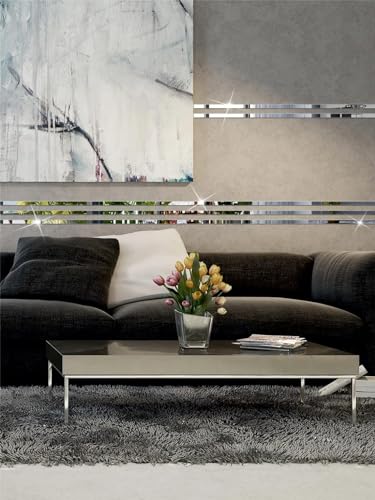 Image of Bikri Kendra - Strip Designed Rectangle Shape Mirror Stickers for Wall, Acrylic Mirror Wall Decor Sticker, Wall Stickers for Hall Room (Silver Strip, 100)