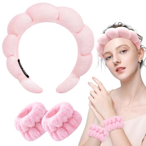 Image of 1Pcs Facial Spa Headband 2Pcs Wristband Combo Set, Pink Makeup Headband and Wrist Washband Set for Face Washing, Skincare, Shower, Makeup Removal