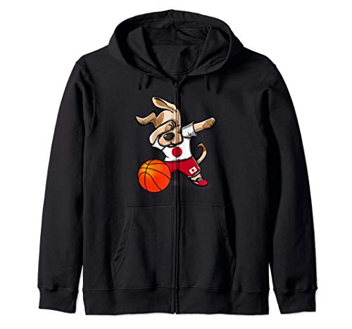 Funny Dabbing Dog Japan Basketball - Japanese Flag Sport Zip Hoodie, Black