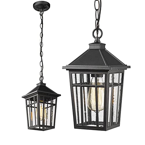 Darkaway Outdoor Pendant Light Fixture, Outdoor Hanging Light Porch Lights Fixtures Anti-Rust Waterproof Aluminum With Seeded Glass For Porch Entryway Doorway Farmhouse Black #TOP10