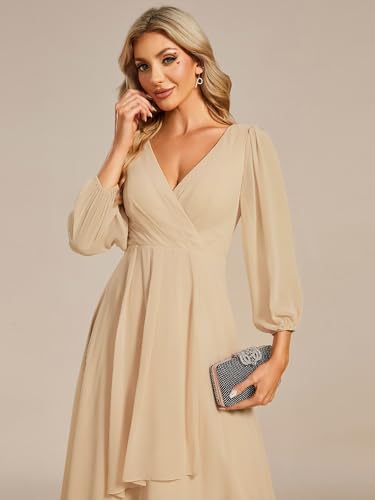 Image of Ever-Pretty Women's Chiffon V Neck Long Sleeves A-Line Midi Length Wedding Guest Dress Cocktail Party Formal Dresses 01926