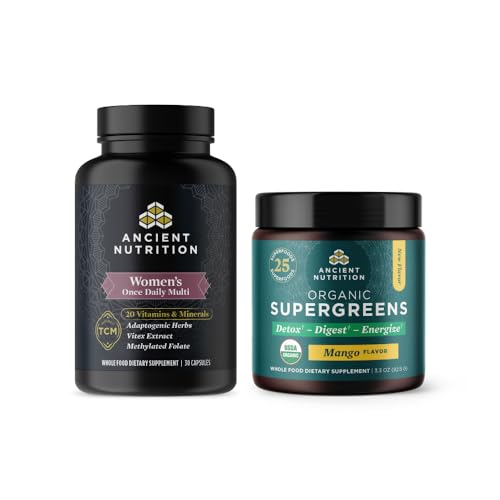 Ancient Nutrition Multivitamin for Women, Once Daily, 30 Count + Organic Supergreens Powder, Mango, 12 Servings - image 1