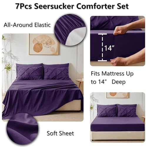 CozyLux Queen Comforter Set Purple, 7 Pieces Pintuck Bed in A Bag, Premium Purple Comforter Queen Size, Pinch Pleat Bedding Sets with Comforter, Sheets, Pillowcases & Shams