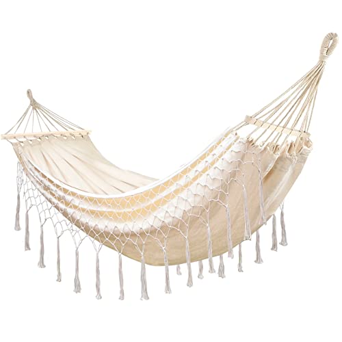 SWAWIS Hängematte Outdoor Boho Hängematte 2 Personen, Hängematte Camping Belastbarkeit bis 200kg Baumwolle Tragbare Hängematten Hammock mit Gebogener Holzstange für Outdoor Balkon Garden, Beige