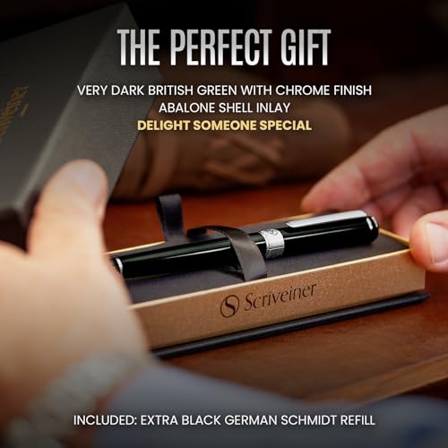 Image of Scriveiner Black Green Rollerball Pen - Stunning Luxury Pen, Chrome Finish, Schmidt Ink Refill, Best Roller Ball Pen Gift Set for Men & Women, Professional, Executive Office