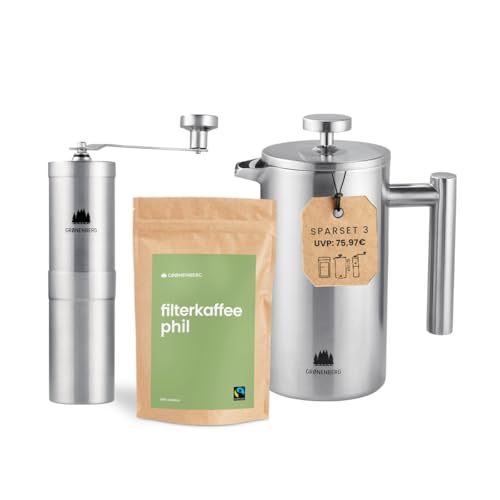 Groenenberg Spar Set 3 | Filter Kaffeebohnen 250g (Bio) + French Press Thermo + Edelstahl Kaffeemühle manuell
