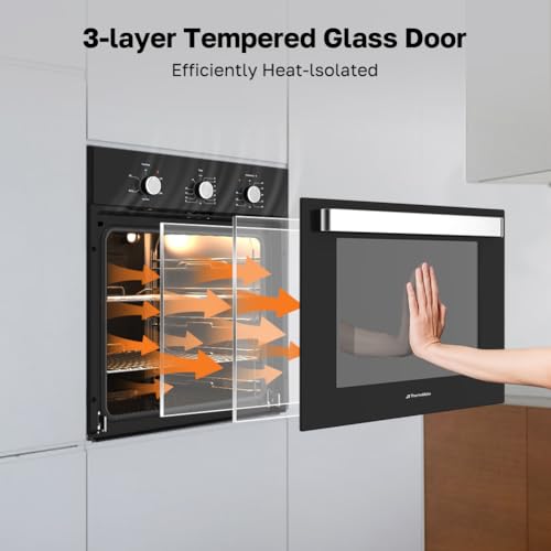 Image of ThermoMate 24 inch Built-in Electric Wall Oven, ETL Certified, 2.8 Cu. Ft. Electric Wall Oven with 5 Cooking Functions, Black, Anti-Mistouch Knob, Removable 3-Layer Glass Door, 2200W