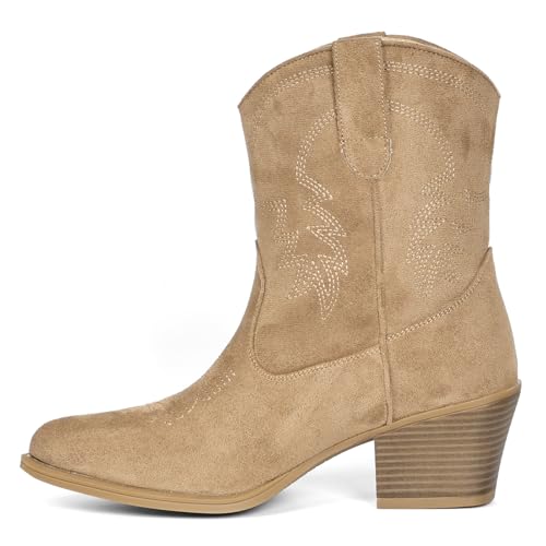 Image of IXU Cowboy Boots for Women Ankle Cowgirl Booties Wide Mid Calf Pointed Toe Western Boots Short Chunky Classic Booties