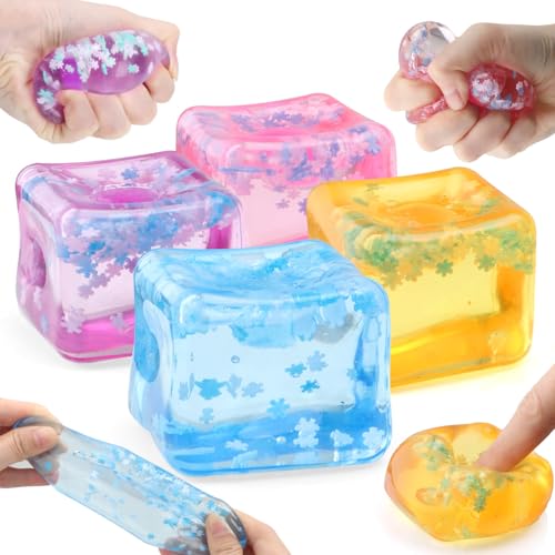 Chridark Ice Cube Fidget Toy for All Ages: 4 Pcs Sensory Squishy Fidget Toys, Square Stress Balls, Classroom Prizes, Anxiety Relief Stress Cube Gift for Kids Teens Adults