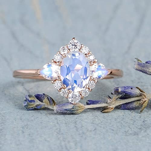 Plated 18k Rose Gold Rainbow Moonstone Rings,Women Bridal Set Statement Anniversary Ring Gift Oval & Pear Cut CZ Simulated Diamond Engagement Ring (US Size 8)2