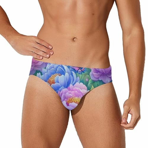 Peony Flowers Butterfly Men's Swimming Trunks Briefs Beach Swimwear Low Rise Bikini Swimsuit Print Bathing Suit