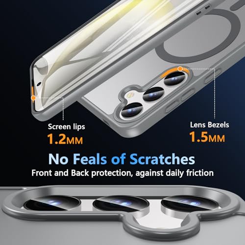 Image of OWKEY for Galaxy S24|S25 Case 6.2'',Magnetic Samsung Galaxy S24 /S25 Case for Magsafe with Tempered Glass Screen Protector, [Shockproof Military] Translucent Back Slim Bumper Cover S24 S25 Case, Gray