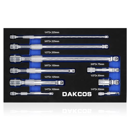 DAKCOS 9 Pieces Wobble Extension Set Includes 1/4 3/8 1/2 Inch drive Extensions Premium Chrome Vanadium Steel with Mirror Finish