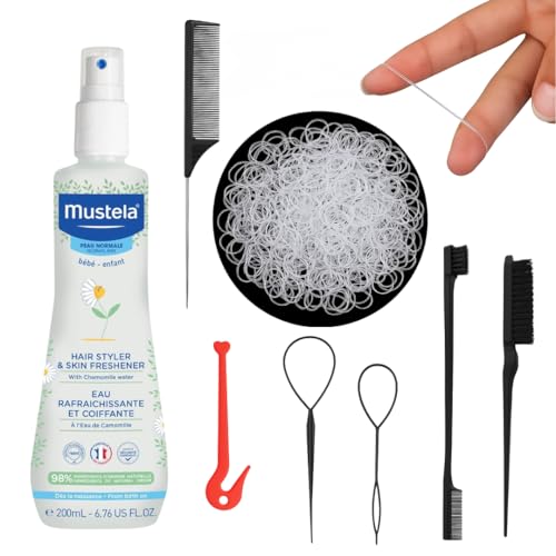 Alimos Baby Hair Styling Kit To Work WIth Mustela Bébé Hair Styler Skin Freshener 200ml 1000 Clear Bands with Tools & Remover and 3 Combs