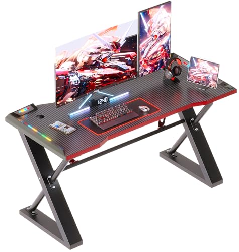 Xyphren 100 * 55 cm Gaming Desk with LED Lights Gaming Table Thickened Z Shaped Gamer Desk with Carbon Fiber Coated Gaming PC Desk Computer Desk Easy to Assemble Carbon Fiber Black