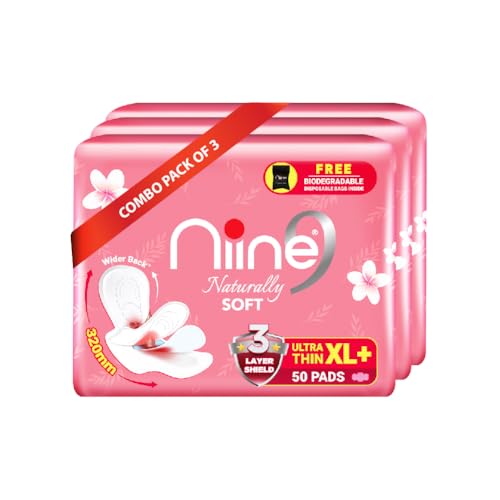 Image of NIINE Naturally Soft Ultra Thin XL+ Sanitary Napkins for Heavy Flow (Pack of 3) 150 Pads with Free Biodegradable Disposal Bags