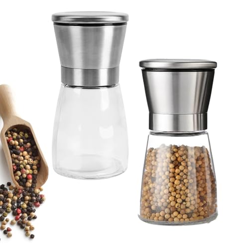 Salz und Pfeffermühlem, Edelstahl Gewürzmühle 2er Set, Salzmühlen zum Nachfüllen, Verstellbarem Keramikmahlwerk, für Gewürze, Pfeffer, Salz und Chili, Silber