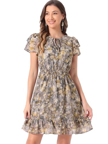 Image of Allegra K Women's Ruffle Sleeve Self-Tie V Neck Flowy Ruffled A-Line Floral Chiffon Dress