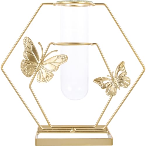 DECHOUS Glass Hydroponic Vase with Metal Frame - Geometric Art Gold Butterfly Vase Desktop Plant Terrarium for Table Centerpiece Wedding Home Office Hydroponic Plant