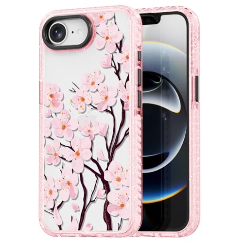Coque iPhone 16E transparente à paillettes roses et motif floral de cerisier chic