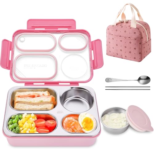 El Mejor Listado de Fiambreras bento . 45 SlowTon Lonchera Bento Box, Portátil Fiambrera Acero Inoxidable para Adultos con 5 Compartimentos, Luncheras Escolares 1150ML con Charola Extraíble, Tazón de Sopa y Bolsa...