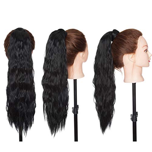 SEGO Wavy Wrap Around Ponytail Hair Extensions with Hair Pocket Long Corn Wave Kinky Curly Pony Tails Hair Extensions Magic Paste Synthetic Yaki Ponytail For Girl Lady Women 20 Inch 90g Dark Black