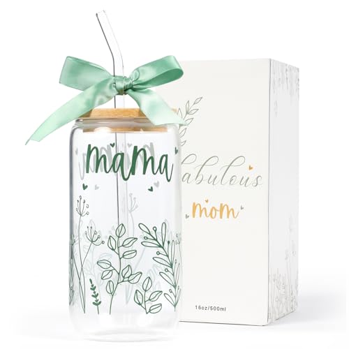 Gifts for Mom-Bow Mama Glass Cup with Lids and Straws Cute Aesthetic Iced Coffee Cup Smoothie Tumbler Gift for Mothers New Mom to be Mama Personalized Anniversary Birthday Presents for Women 16oz