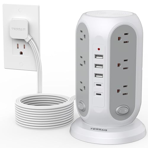 TESSAN Tower Power Strip Surge Protector, Extension Cord Plano 15 Ft, Gris | Interruptores Individuales con 12 Salidas, 5 Puertos USB (2 USB C), Enchufe Plano, Estación de Carga para Múltiples Dispositivos, Oficina, Dormitorio