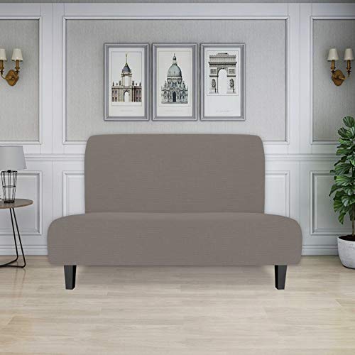 Image of Easy-Going Stretch Medium Futon Slipcover Armless Futon Cover Taupe | Sofa Bed Furniture Protector Without Armrests with Elastic Bottom for Kids, Soft Jacquard Machine Washable