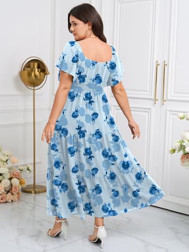 Image of SCOMCHIC Womens Plus Size Maxi Dress Formal Short Sleeve Square Neck Smocked Side Split Flowy A Line Tiered Long Dress