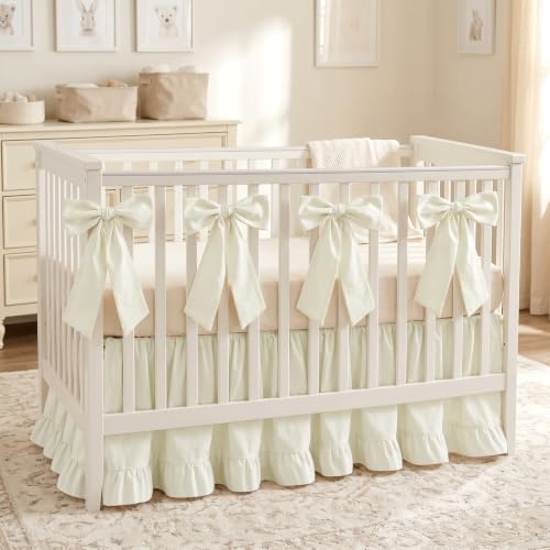 Image of Smoothnovelty Beige Crib Bed Skirts with 4 Large Cot Bow 28 inch x 52 inch,14 inch Drop