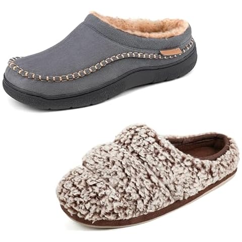 Wishcotton Women's Lightweight Fuzzy Sherpa House Slippers& Zigzagger Men's Slip On Moccasin Slippers, Brown&Grey,size L Cover