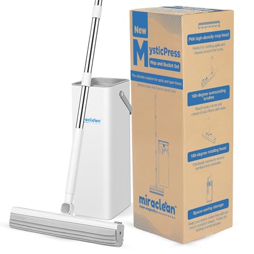 MysticPress Mop and Bucket Set - 3.6L Capacity, 56-Inch Pole - PVA Floor Cleaning System - Hands Free Mop for Laminate, Hardwood, Tiles