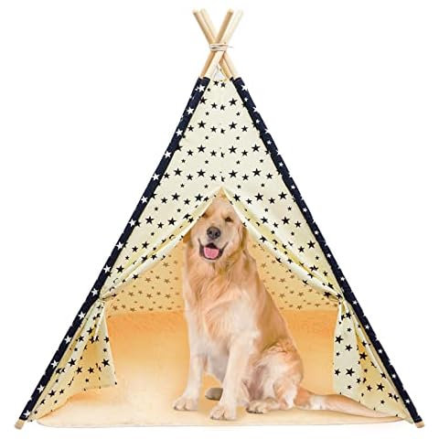 Pet Large Teepee Tents, 47 Inch Portable Indoor Dog Teepee Bed with Cushion, Washable Teepee Tent House for Largr Dog Cover