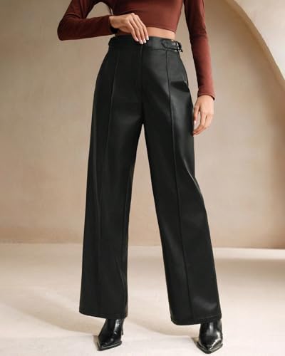 Women Faux Leather Pants High Waist Wide Leg Business Causal Trousers with Pockets2