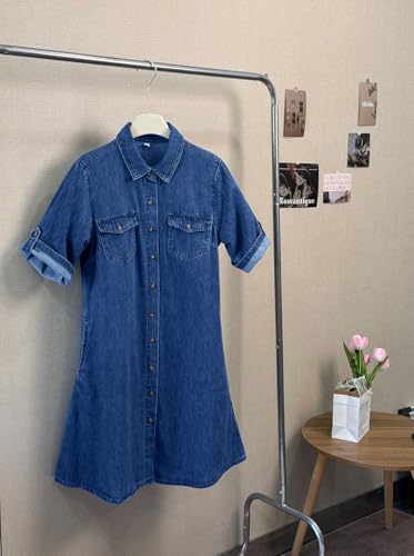 chouyatou Women's Summer Short Sleeve Denim Shirt Dress Business Casual Button Down Midi Long Jean Dress2