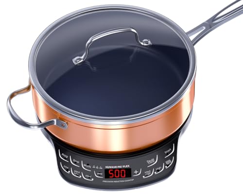 Nuwave PIC Flex Induction Cooktop, 45 Temps 100°F-500°F, 600-1300W, 6.5" Coil, for Dorms/RVs/Hotels, with 4Qt Ceramic Pan