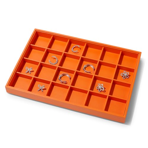 Leather 24 Grids Earring Organizer Tray Jewelry Tray Ring Earrings Holder Jewelry Drawer Organizer Storage Display(Orange)