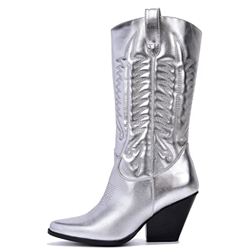 Cape Robbin Southern Belle Cowboy Mid Calf Boots Women, Western Cowgirl Boots with Chunky Block Heels, Fashion Dress Boots for Women - Silver Metallic 10