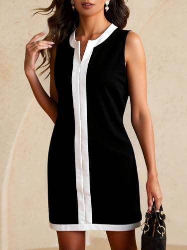 Women's Color Block Mini Dress Summer Notch V Neck Elegant Work Office Dresses3