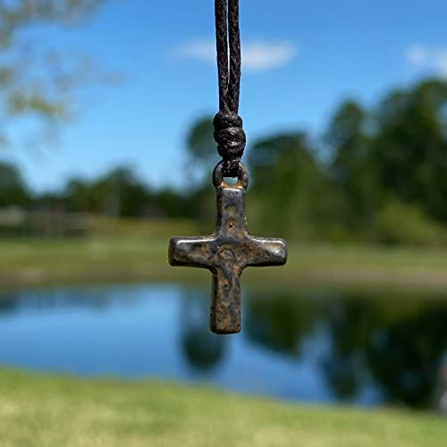 Small-Gold-Hammered-Cross-Necklace-Religious-Jewelry-Mens-Faith-Catholic-Women-Men-Gifts-Protect-Us-Father-Christmas-Gift-Best-Friend-Rustic-Brown