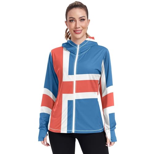 Iceland Flag Womens UPF 50+ Sun Protection Hoodie Jacket Lightweight Long Sleeve Sun Shirt with Pocket Multicoloured